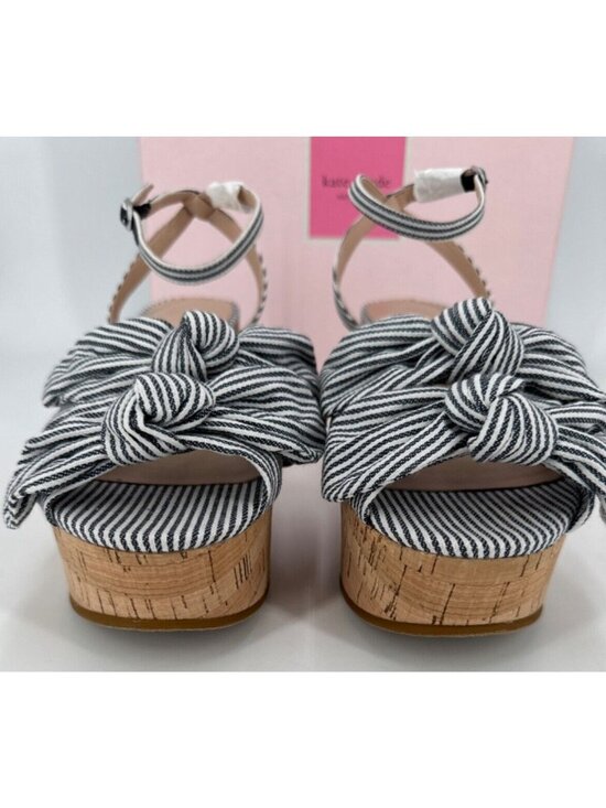 Kate Spade Julep Double Bow Platform Wedge Sandals sz 6.5 Navy Stripe Cork Ankle - Picture 5 of 11